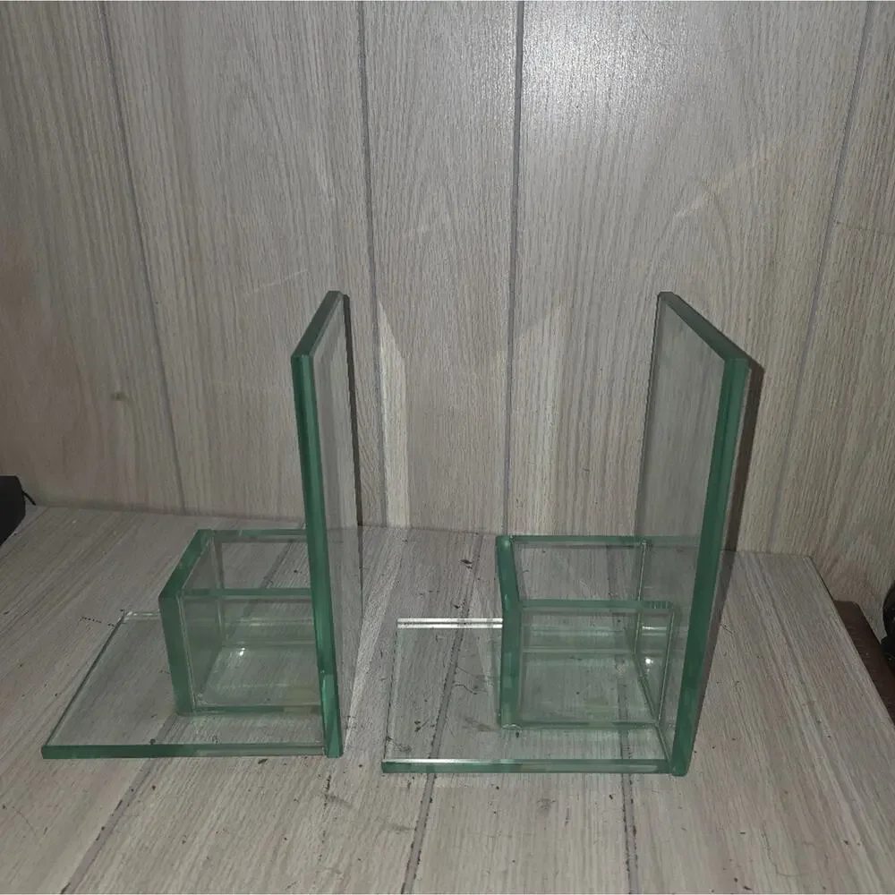 Vtg Minimalist Clear Glass Bookends With Candle Holder/Planter MCM Art Heavy